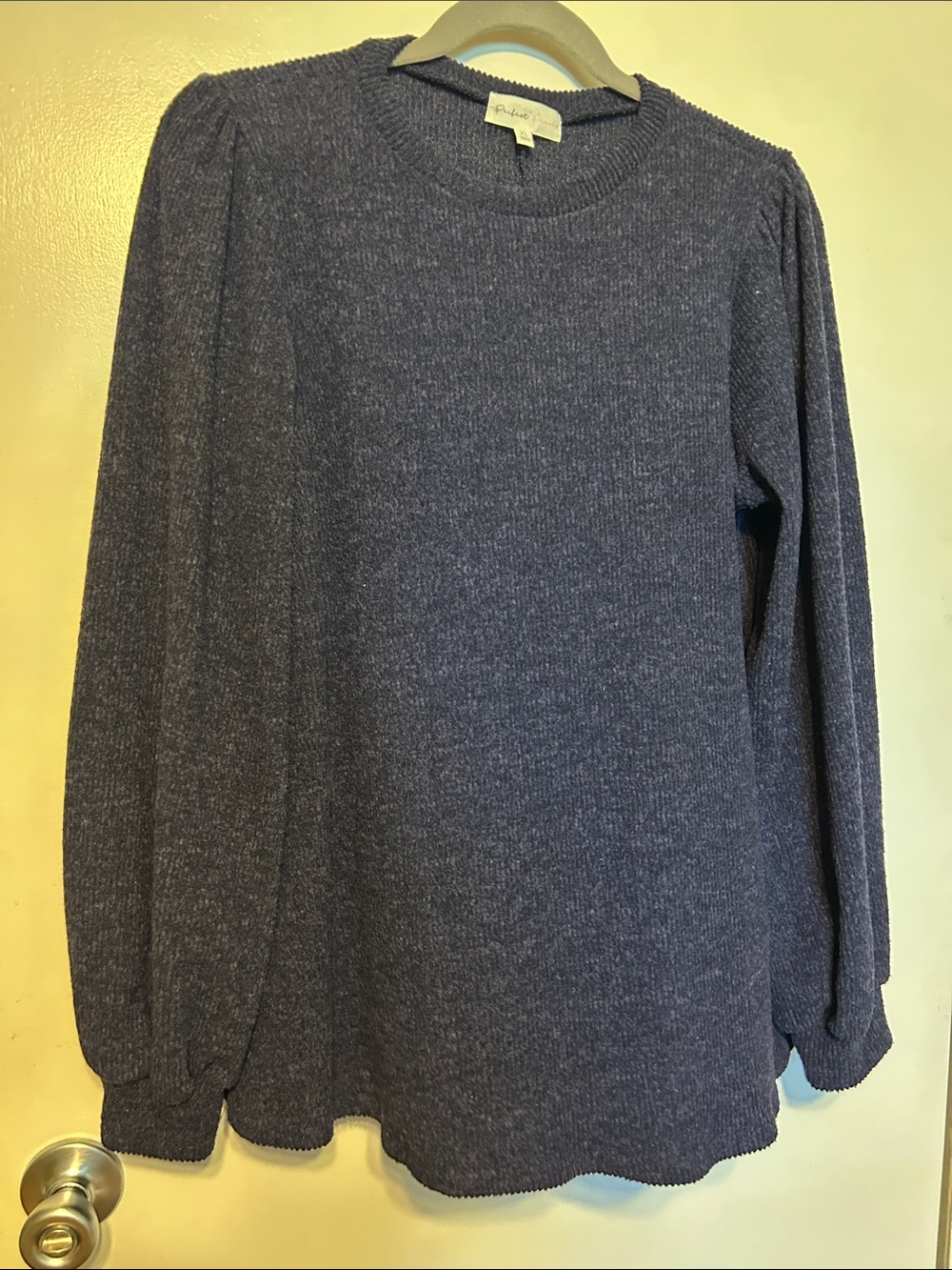Navy Puff-Sleeve Crewneck Sweater